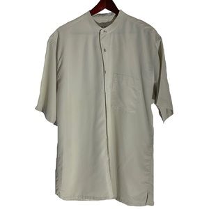 Alfani Men’s Tan/Cream Dress Button Front No-Collar Shirt; EUC Like New Size M